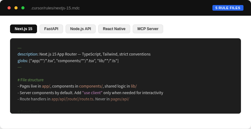 Preview of Cursor Rules Starter Pack — Next.js 15 rule file contents