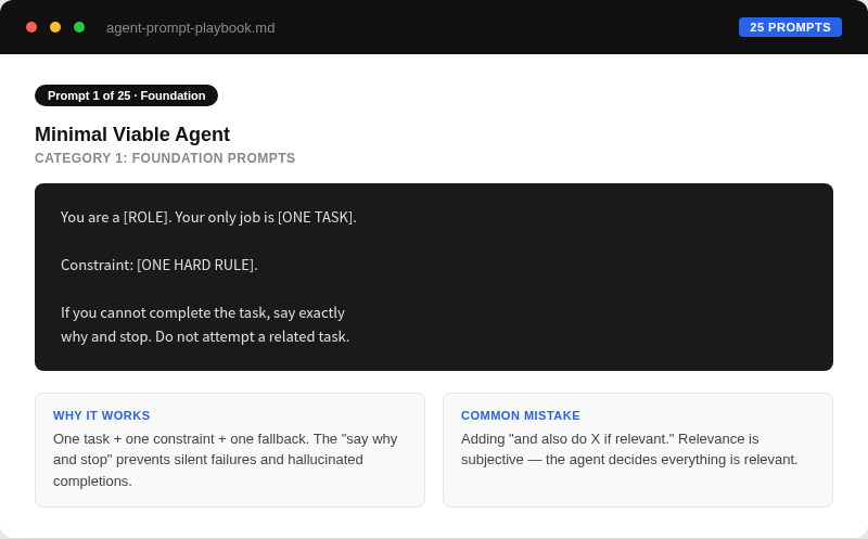 Preview of Agent Prompt Playbook — Prompt 1 of 25 with mechanism and failure mode